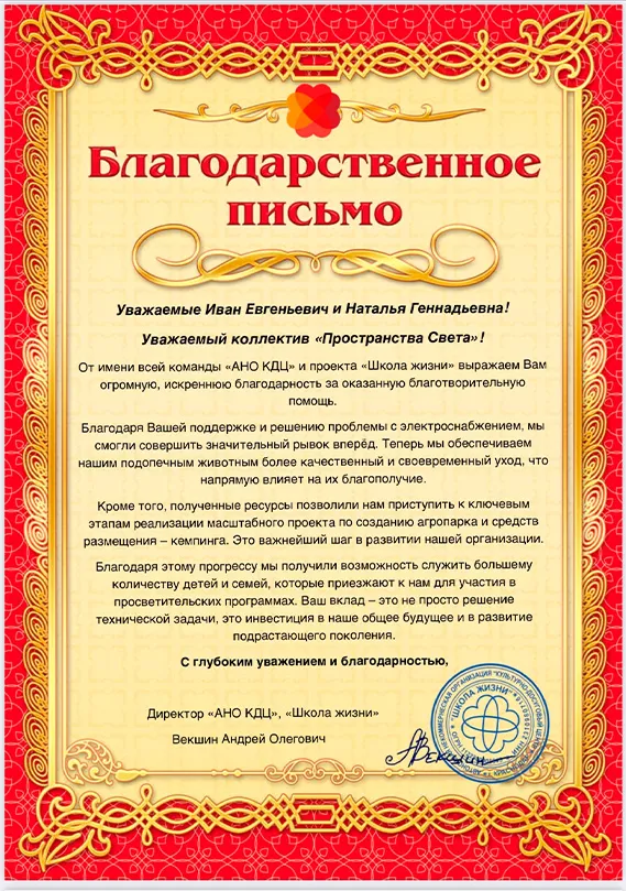 Благодарственное письмо Школа Жизни