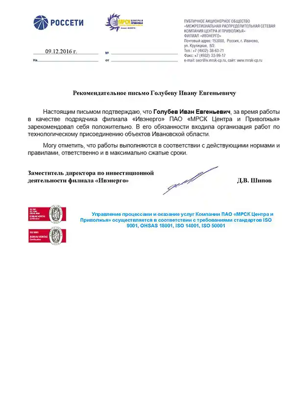Отзыв зам директора Россети